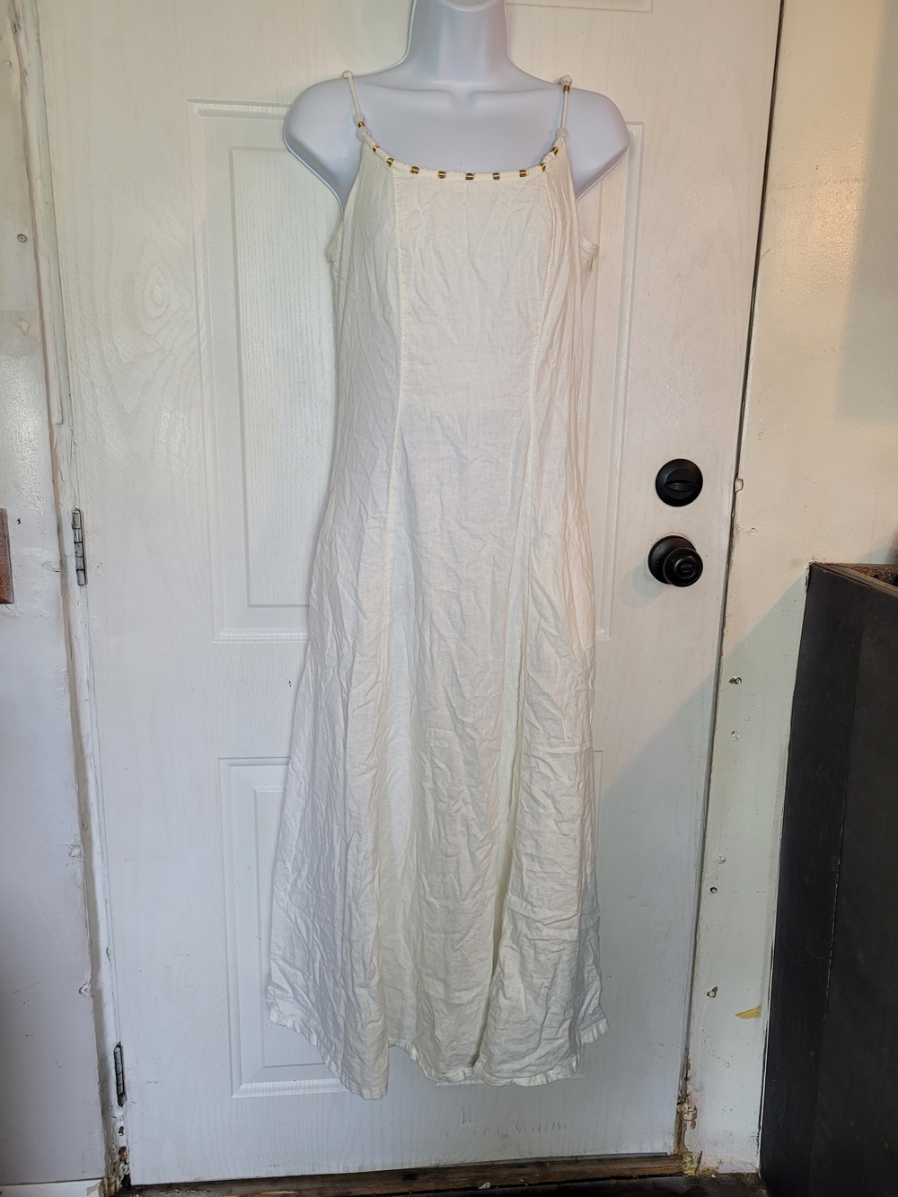 Calypso St. Barth Cream Spaghetti Strap Maxi Dress with Gold Bead Trim